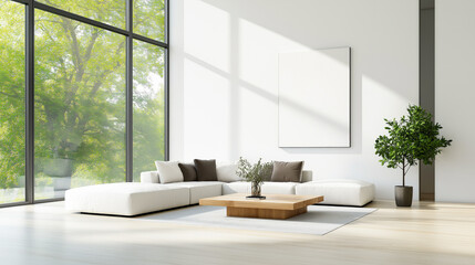 Fototapeta premium Minimalist living room with a large white couch, wooden coffee table, and floor-to-ceiling windows overlooking greenery, blending indoor comfort with outdoor views