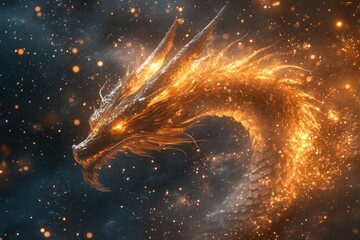 A fiery dragon with glowing eyes and scales, set against a dark background with swirling smoke and sparks.