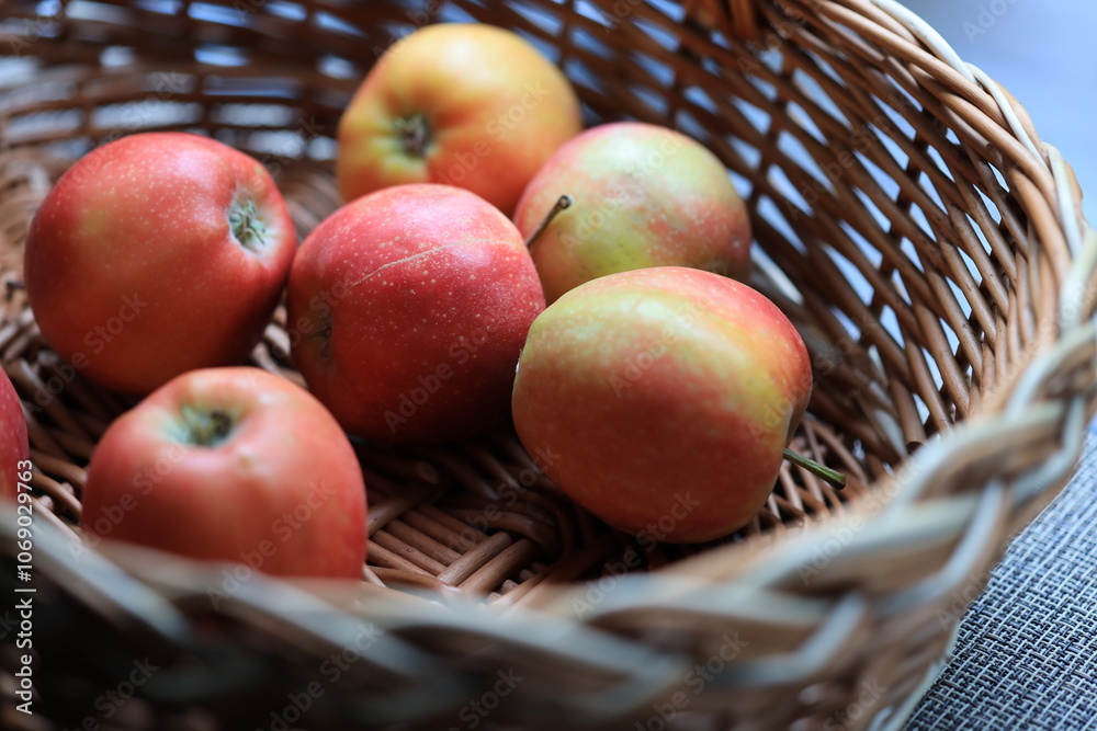 Poster a colorful basket filled with many red and green apples.