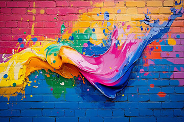 vibrant urban art: colorful paint splatters on a textured brick wall with abstract designs for...