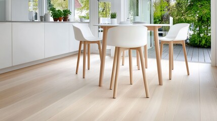 Obraz premium Modern White Chairs Light Wood Table in Bright Kitchen