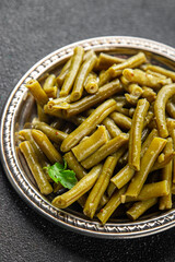 Green beans food ready to eat tasty food dish fresh delicious gourmet food background on the table rustic top view copy space top view keto and paleo diet мegetarian and vegan food