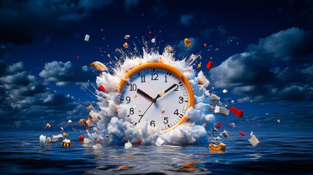 Exploding Clock in Ocean Time Waste Environmental Crisis Image