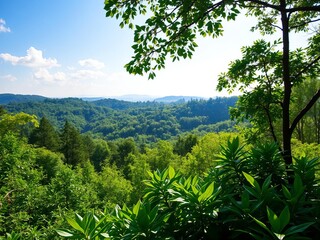 Lush green forest with sunlight filtering through the canopy creating a serene atmosphere, serene, growth