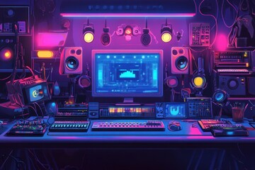 Obraz premium A colorful and vibrant home studio with a computer, mixing board, speakers, headphones, and other equipment, illuminated by neon lights.