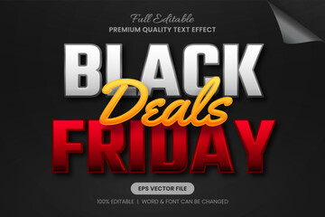 Obraz premium Black Friday Deals editable text effect, font graphic style bold and glossy letters with a striking contrast of black, red, and yellow, perfect for sale banners, promotional posters, and shopping ads.