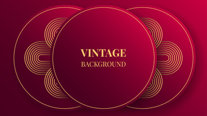 Red gradient abstract background with gold rounded lines and shadows. Modern geometric pattern. Shiny poster or web banner template. Blended lines