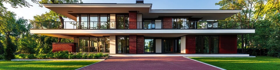 Modern home captured on a summer day with a burgundy brick driveway and multiple balconies.
