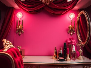 Luxurious red velvet vanity set with intricate gold detailing against a vibrant red background, background, girly