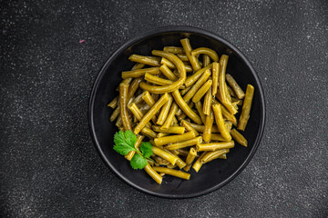 Green beans food ready to eat tasty food dish fresh delicious gourmet food background on the table rustic top view copy space top view keto and paleo diet мegetarian and vegan food