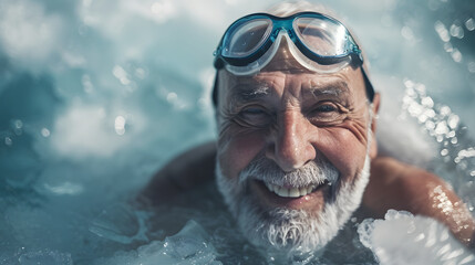 Fototapeta premium an elderly man bathes in ice water in an ice hole