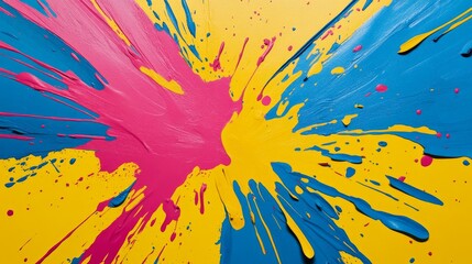 A vibrant splash of pink and blue paint creates an energetic, abstract composition.