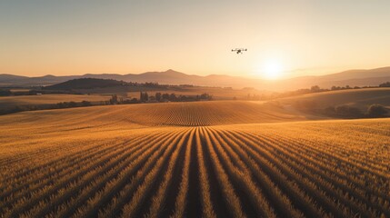 Drone Flying Over Golden Crop Fields at Sunrise