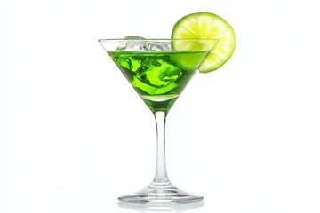 green cocktail with ice and lime isolated on white background