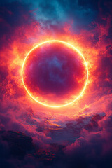 A vibrant neon vortex with layered geometric concentric shapes, creating a dynamic, abstract visual effect,