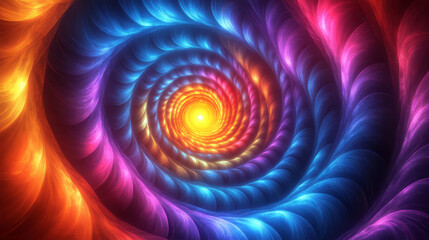 A neon-colored vortex with concentric shapes spiraling inward, creating a hypnotic abstract composition,