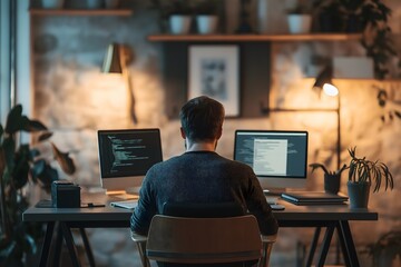 Programmer Coding on Dual Monitors at Night