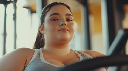 Naklejka premium Młoda kobieta, mająca okrągłe kształty, z zapałem ćwiczy w siłowni. Jej radosna postawa i zaangażowanie w trening emanują energią, inspirując innych do dbania o formę.