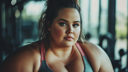 Naklejka premium Młoda kobieta, mająca okrągłe kształty, z zapałem ćwiczy w siłowni. Jej radosna postawa i zaangażowanie w trening emanują energią, inspirując innych do dbania o formę.