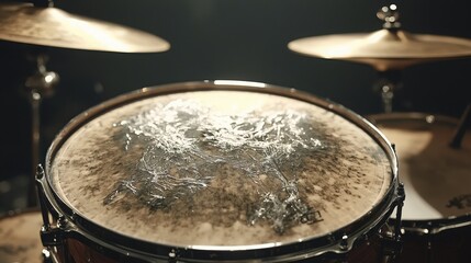 Obraz premium Close-up view of a drum kit with a worn snare head before a live performance