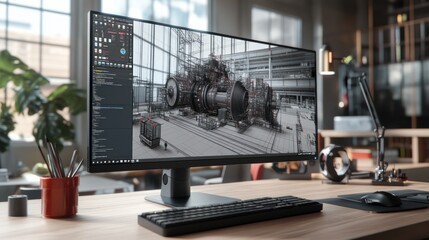 Fototapeta premium Modern Workspace with High-Tech Monitor and Engineering Design