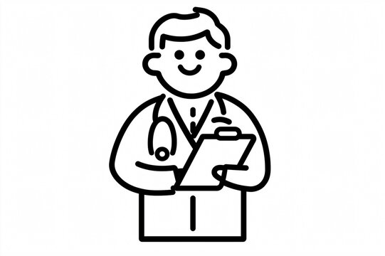recommend clip art: Line art illustration of a smiling doctor holding a clipboard, representing healthcare and medical expertise