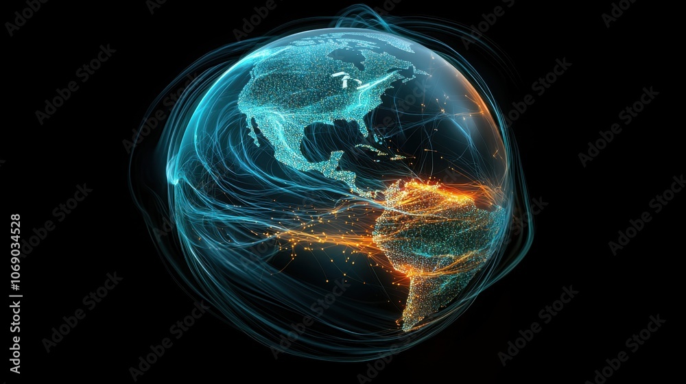 Poster abstract 3d globe with data streams connection