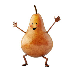 Joyful pear with tiny shoes, arms raised high, a cheerful grin. A fun, 3D-rendered fruit character.