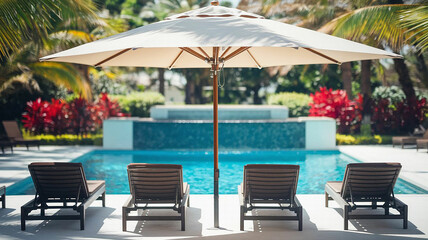 A poolside scene with wooden lounge chairs lined up beside a sparkling blue pool