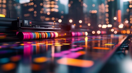 Vibrant Ink Cartridges on Modern Printing Press City Nightscape Background