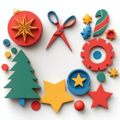 A vibrant, colorful arrangement of festive decorations and crafting tools, including stars, trees, and scissors, ideal for holiday-themed creativity.