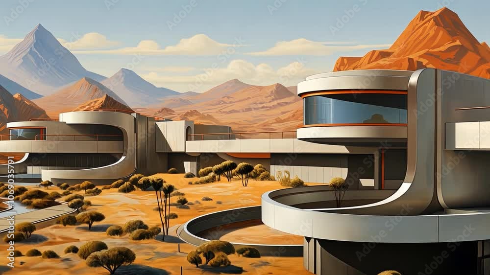 Poster retro futuristic architecture in sci-fi scene on the desert planet. alien landscape with nostalgic r