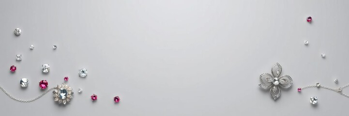 Shiny jewels of various shapes and colors against a sleek grey background, precious, backdrop