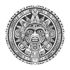 Circular Aztec Style Design with Detailed Mask and Glyphs