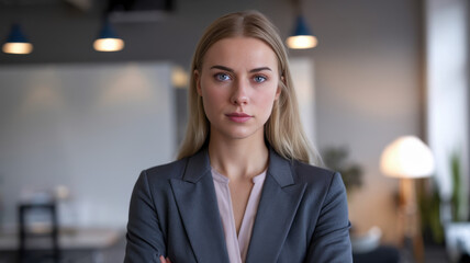 A confident Caucasian woman in her late twenties stands in a modern office, arms crossed. She exudes professionalism and determination, with soft lighting enhancing her features.