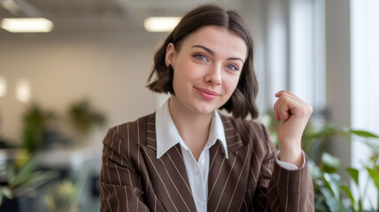 Fototapeta premium Young Caucasian woman with short, dark hair in a professional striped suit, smiling confidently in a bright office environment filled with plants.