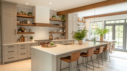 Modern Kitchen with White Cabinets, Island, and Wooden Beams
