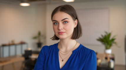 Fototapeta premium A young Caucasian woman with shoulder-length brown hair, dressed in a blue blouse, stands confidently in a modern office space with plants in the background.