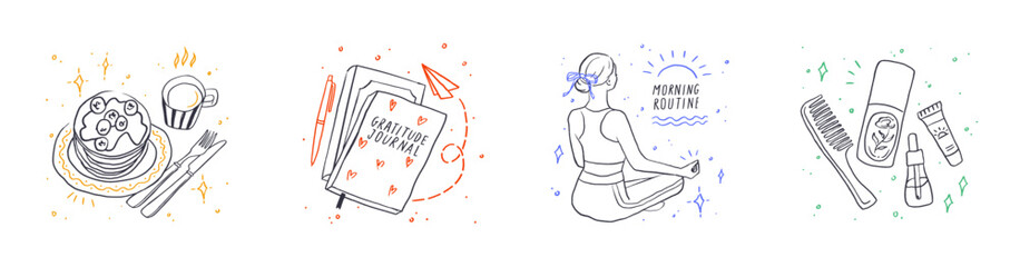 Charming doodle set of morning routine essentials: cozy breakfast items, gratitude journaling, planning, yoga, skincare, and cosmetics. Wellness-focused start to the day, ideal for lifestyle themes.