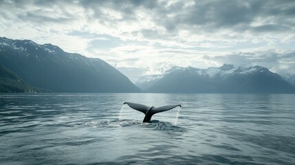 Obraz premium Majestic Whale Tail Emerges from Serene Ocean Water
