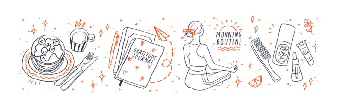 Charming doodle set of morning routine essentials: cozy breakfast items, gratitude journaling, planning, yoga, skincare, and cosmetics. Wellness-focused start to the day, ideal for lifestyle themes.