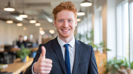 A smiling Caucasian male in a suit gives a thumbs-up in a bright office setting, exuding confidence and positivity.