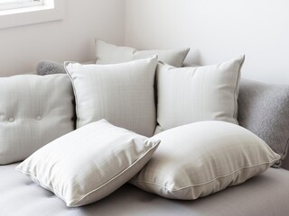 Various cushions in different shapes and sizes on a soft grey background, cozy, soft furnishings