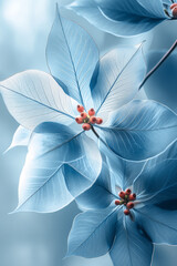 Obraz premium An abstract x-ray floral graphic featuring Christmas poinsettias, berries, and leaves with a frosty, ethereal look,