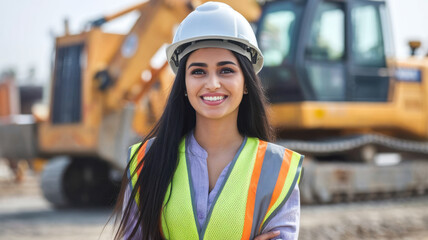 Confident young South Asian woman in a hard hat and safety vest smiles at the construction site, representing empowerment in the male-dominated field of construction.