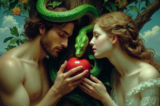 Adam and Eve in Garden of Eden. Eva giving Adam red apple. serpent tempter in paradise. Christian religious legendary story. green ancient snake devil lucifer satan. fall from grace. lapse from virtue