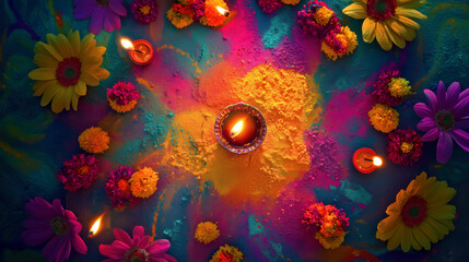 diwali ,Vibrant Diwali Celebration: A captivating overhead shot of a traditional Diwali arrangement, featuring colorful flowers, diyas (oil lamps), and vibrant powders.