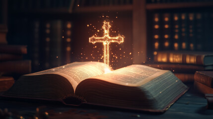 Otwarta książka, z której wyłania się świecący krzyż, tworząc tajemniczy i mistyczny klimat.