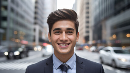 A young South Asian man in a suit stands confidently on a busy city street, smiling warmly at the camera amidst the urban hustle and bustle.