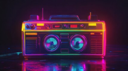 Fototapeta premium Retro Neon Boombox on Dark Background